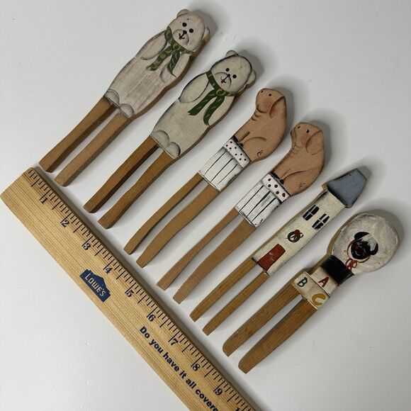 Primitive Handcrafted Wood Clothespins Set of 6 Folk Art Bears Sheep Pigs Decor - Picture 5 of 15
